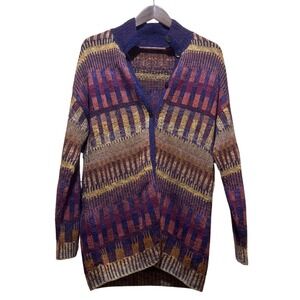 Peruvian Connection 100% Pima Cotton Geometric Knit Cardigan Sweater Purple Med